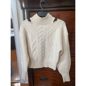 Express Cream Mock Neck Cable Knit Balloon Sleeve Cut Out Sweater